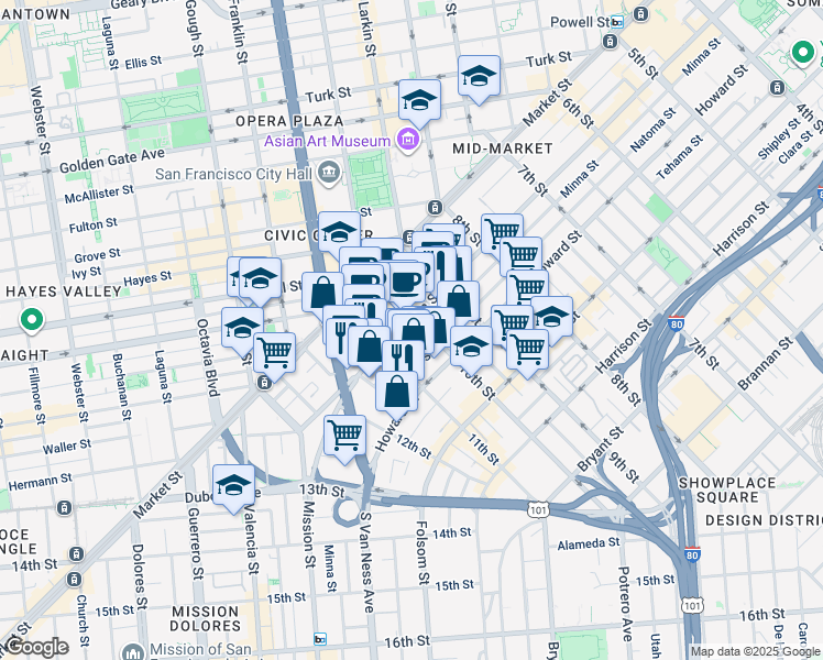 map of restaurants, bars, coffee shops, grocery stores, and more near 1453 Mission Street in San Francisco