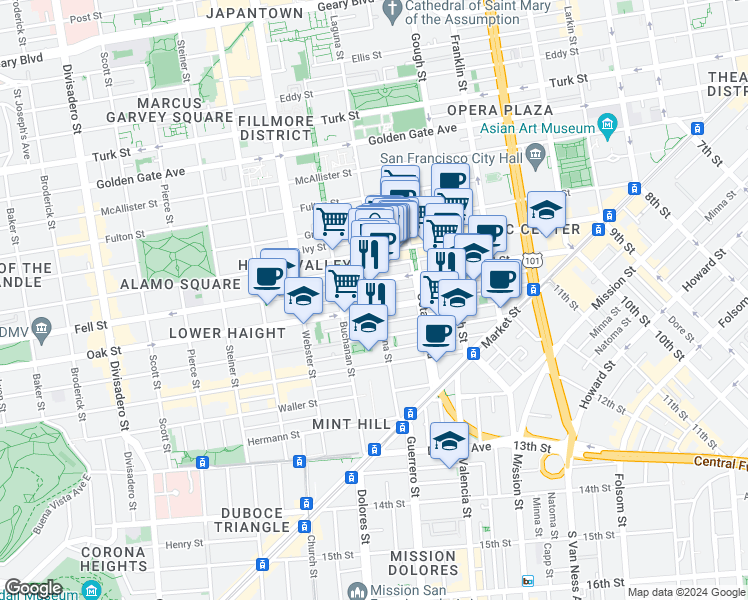 map of restaurants, bars, coffee shops, grocery stores, and more near 383 Oak Street in San Francisco