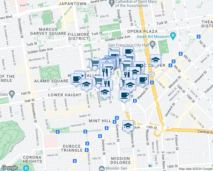 map of restaurants, bars, coffee shops, grocery stores, and more near 405 Laguna Street in San Francisco