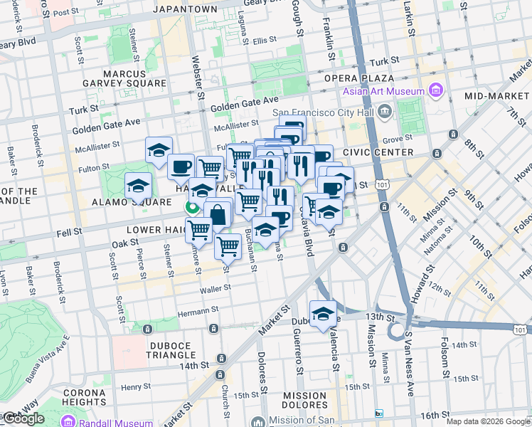 map of restaurants, bars, coffee shops, grocery stores, and more near in San Francisco
