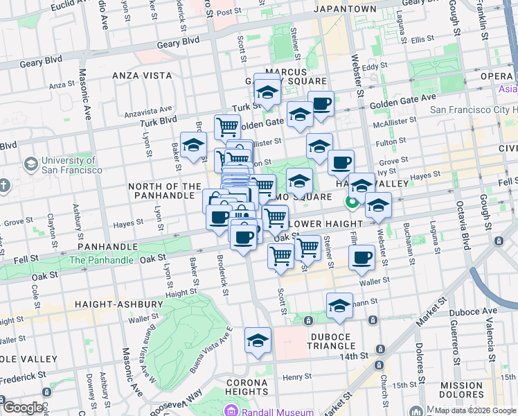 map of restaurants, bars, coffee shops, grocery stores, and more near 503 Scott Street in San Francisco