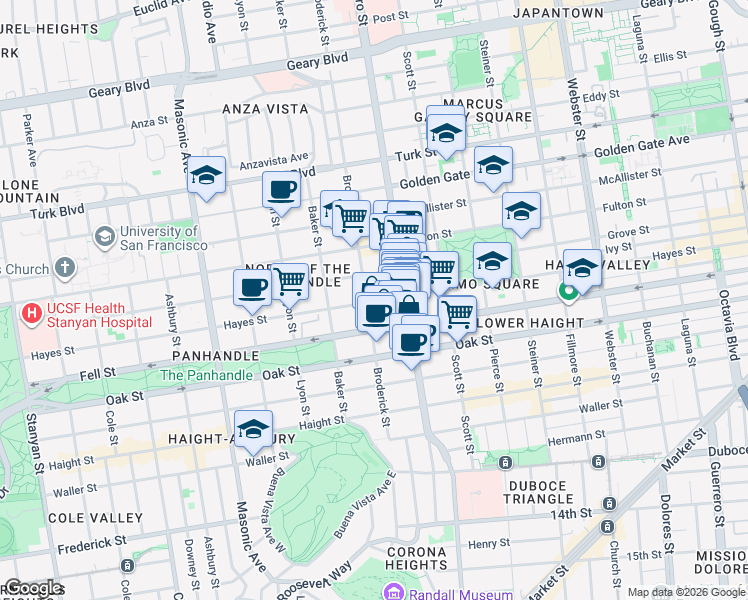 map of restaurants, bars, coffee shops, grocery stores, and more near 1369 Hayes Street in San Francisco