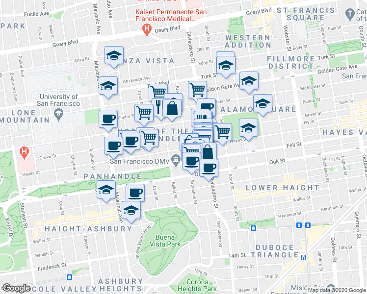 map of restaurants, bars, coffee shops, grocery stores, and more near 1469 Hayes Street in San Francisco