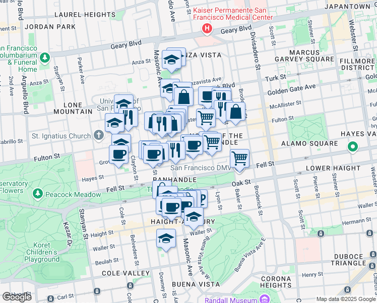 map of restaurants, bars, coffee shops, grocery stores, and more near 521 Central Avenue in San Francisco