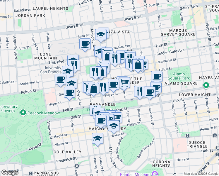 map of restaurants, bars, coffee shops, grocery stores, and more near 521 Central Avenue in San Francisco