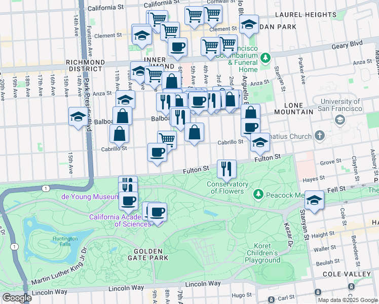 map of restaurants, bars, coffee shops, grocery stores, and more near 765 5th Avenue in San Francisco