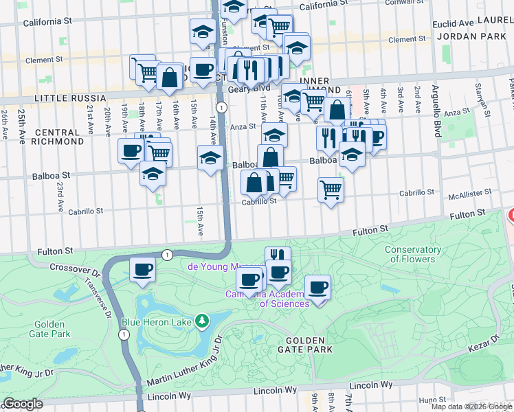 map of restaurants, bars, coffee shops, grocery stores, and more near 727 12th Avenue in San Francisco