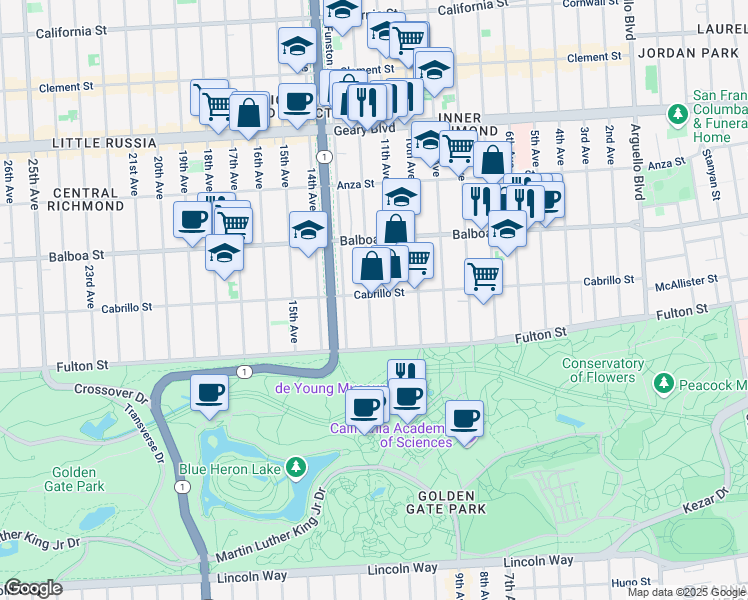 map of restaurants, bars, coffee shops, grocery stores, and more near 727 12th Avenue in San Francisco