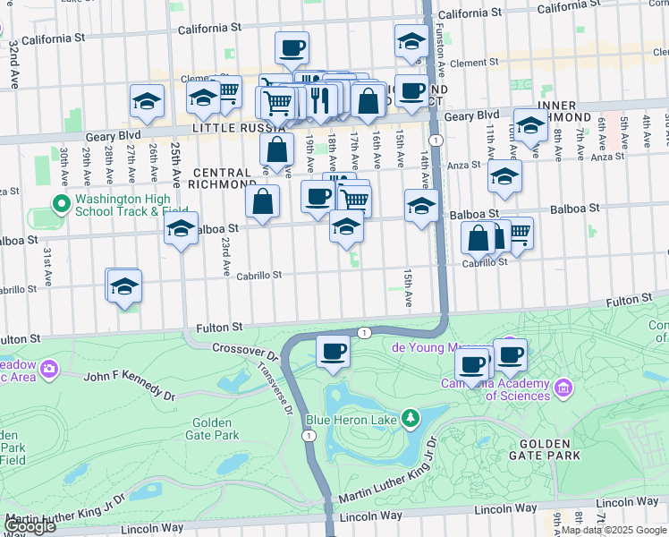 map of restaurants, bars, coffee shops, grocery stores, and more near 714 18th Avenue in San Francisco