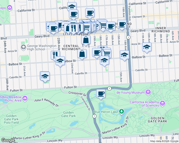 map of restaurants, bars, coffee shops, grocery stores, and more near 1925 Cabrillo Street in San Francisco