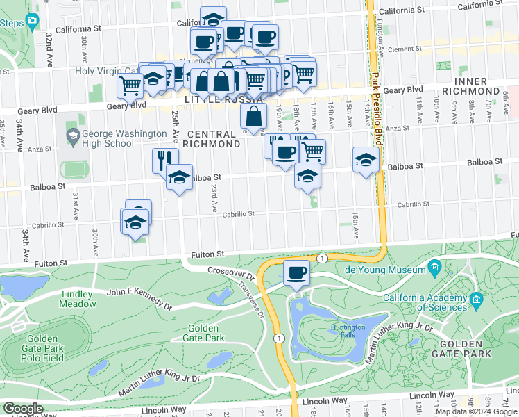 map of restaurants, bars, coffee shops, grocery stores, and more near 1925 Cabrillo Street in San Francisco