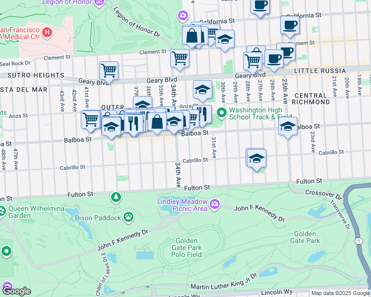 map of restaurants, bars, coffee shops, grocery stores, and more near 781 33rd Avenue in San Francisco