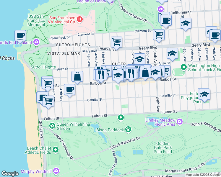 map of restaurants, bars, coffee shops, grocery stores, and more near 755 40th Avenue in San Francisco