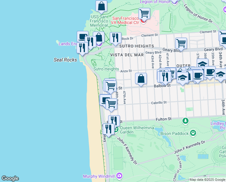 map of restaurants, bars, coffee shops, grocery stores, and more near 735 48th Avenue in San Francisco