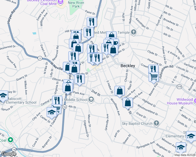 map of restaurants, bars, coffee shops, grocery stores, and more near 114 Fairlawn Avenue in Beckley