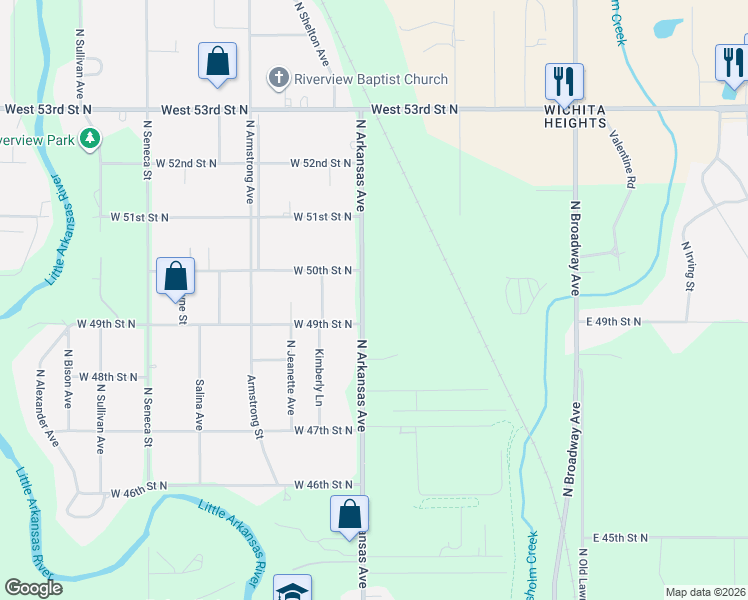 map of restaurants, bars, coffee shops, grocery stores, and more near 5026 Arkansas Avenue in Wichita