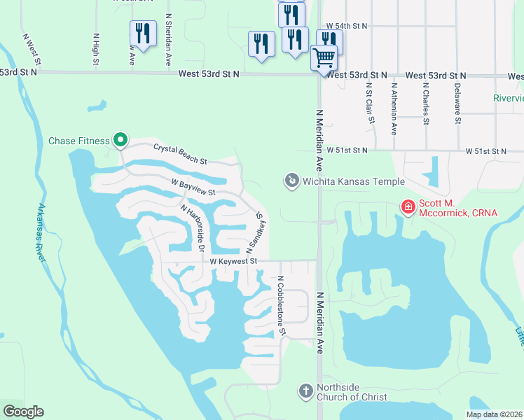 map of restaurants, bars, coffee shops, grocery stores, and more near 5005 North Sandkey Street in Wichita