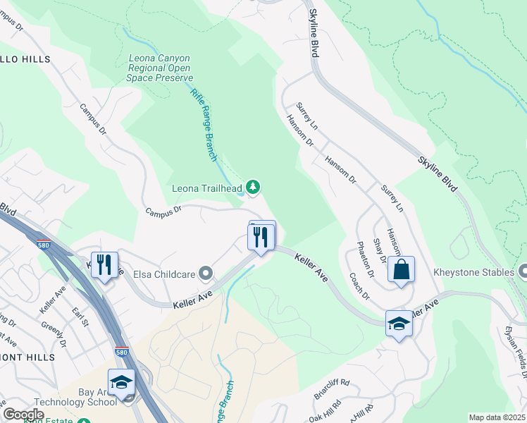 map of restaurants, bars, coffee shops, grocery stores, and more near 13872-13876 Campus Drive in Oakland