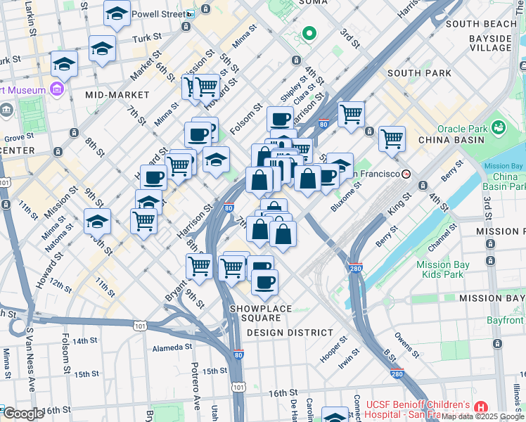 map of restaurants, bars, coffee shops, grocery stores, and more near 40 Boardman Place in San Francisco