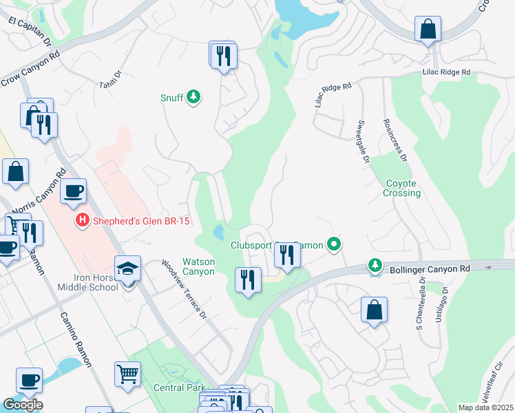 map of restaurants, bars, coffee shops, grocery stores, and more near 745 Watson Canyon Court in San Ramon