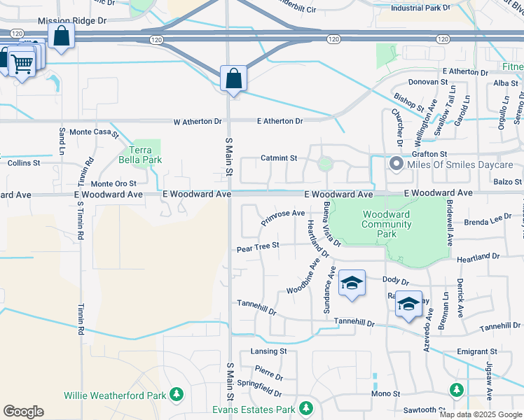 map of restaurants, bars, coffee shops, grocery stores, and more near 264 Preakness Circle in Manteca