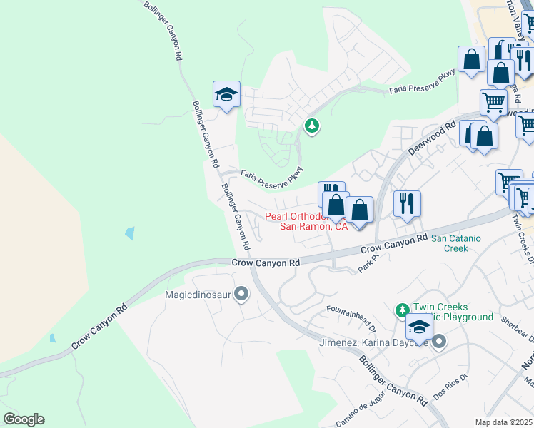 map of restaurants, bars, coffee shops, grocery stores, and more near 109 Claremont Crest Court in San Ramon