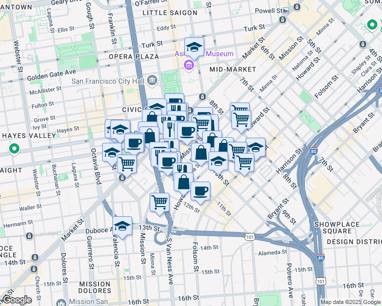 map of restaurants, bars, coffee shops, grocery stores, and more near 1401 Mission Street in San Francisco