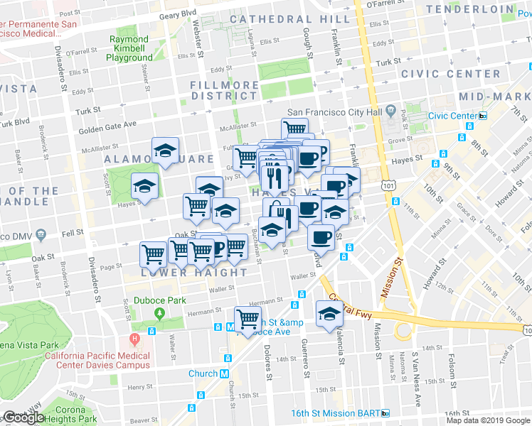 map of restaurants, bars, coffee shops, grocery stores, and more near 441 Hickory Street in San Francisco