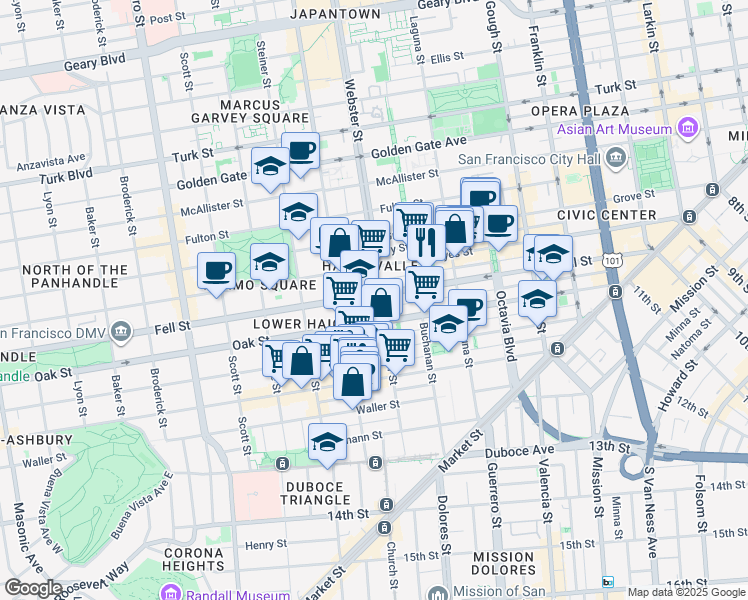 map of restaurants, bars, coffee shops, grocery stores, and more near 638 Oak Street in San Francisco