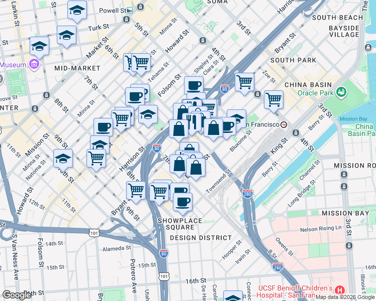 map of restaurants, bars, coffee shops, grocery stores, and more near 40 Boardman Place in San Francisco
