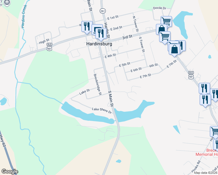 map of restaurants, bars, coffee shops, grocery stores, and more near S Main St in Hardinsburg
