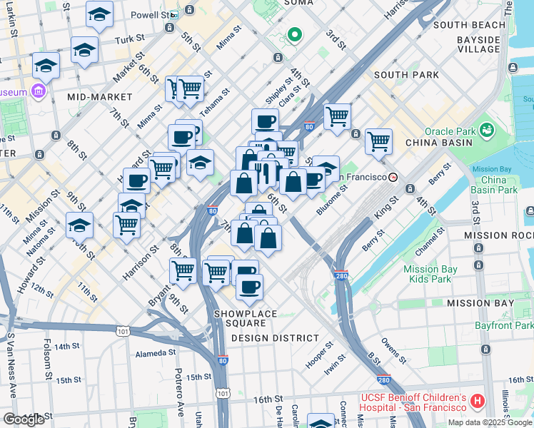 map of restaurants, bars, coffee shops, grocery stores, and more near 40 Boardman Place in San Francisco