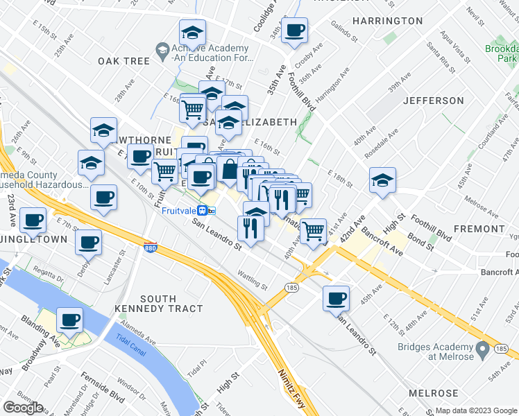 map of restaurants, bars, coffee shops, grocery stores, and more near 3701 International Boulevard in Oakland