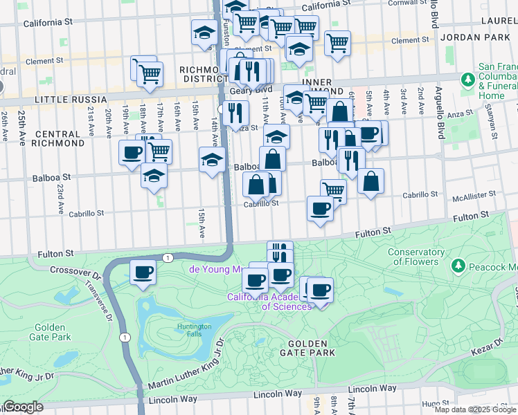 map of restaurants, bars, coffee shops, grocery stores, and more near 1045 Cabrillo Street in San Francisco