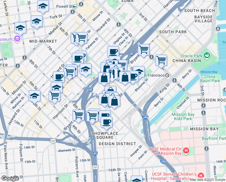 map of restaurants, bars, coffee shops, grocery stores, and more near 40 Boardman Place in San Francisco
