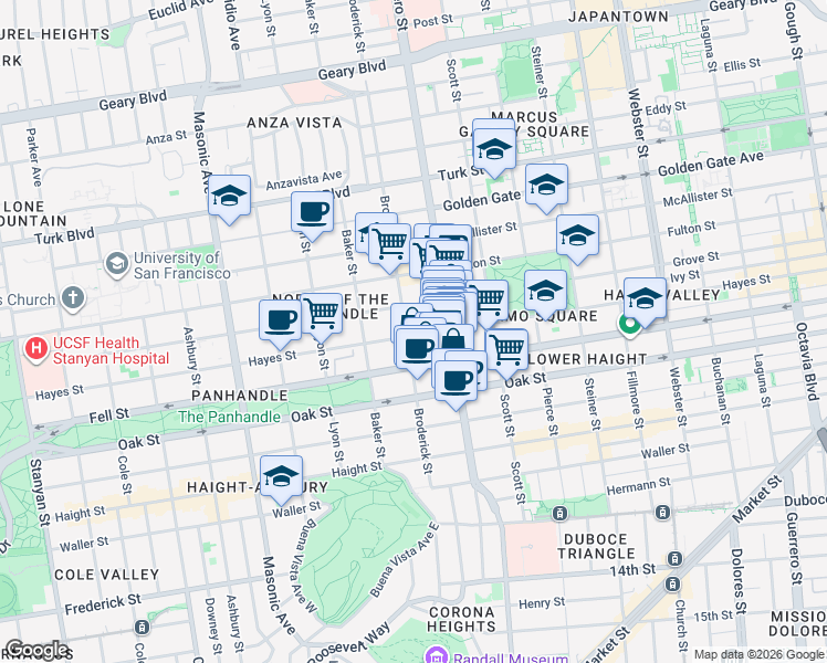 map of restaurants, bars, coffee shops, grocery stores, and more near 1369 Hayes Street in San Francisco