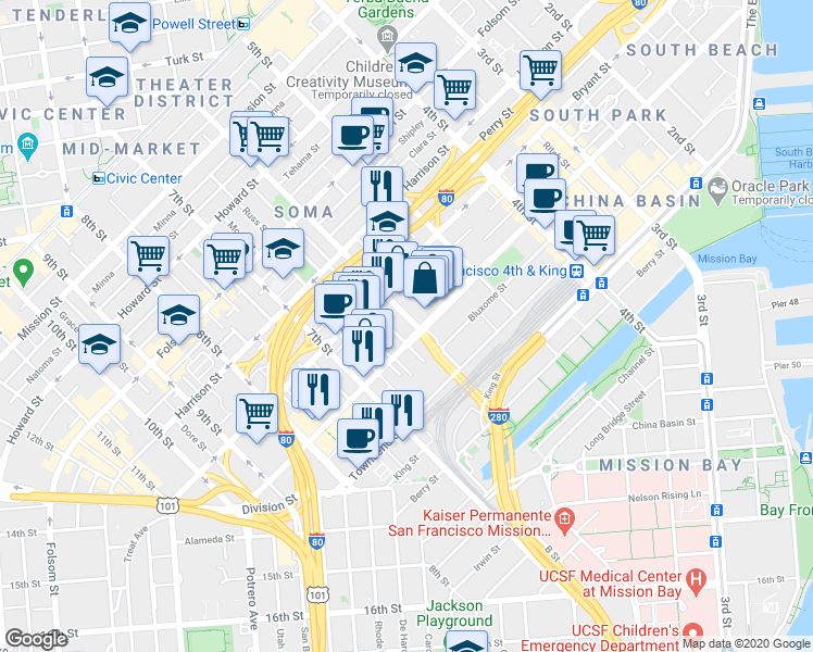 map of restaurants, bars, coffee shops, grocery stores, and more near in San Francisco