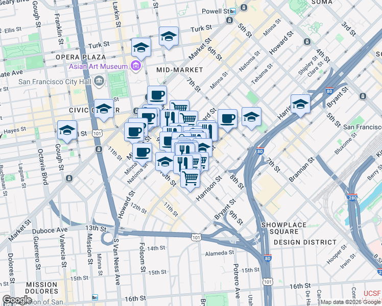 map of restaurants, bars, coffee shops, grocery stores, and more near 784 Clementina Street in San Francisco