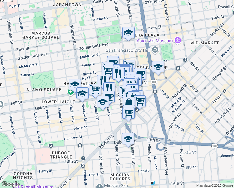 map of restaurants, bars, coffee shops, grocery stores, and more near 190 Lily Street in San Francisco