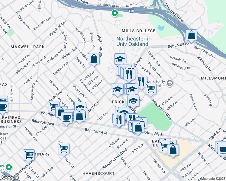 map of restaurants, bars, coffee shops, grocery stores, and more near 3027 60th Avenue in Oakland