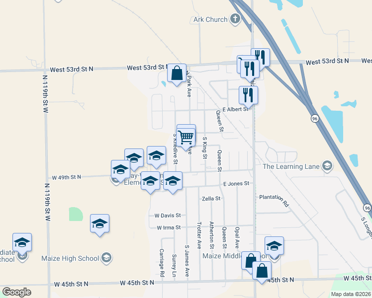 map of restaurants, bars, coffee shops, grocery stores, and more near 300-320 S Park Ave in Maize