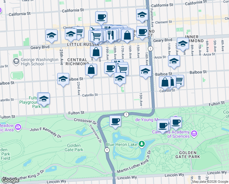 map of restaurants, bars, coffee shops, grocery stores, and more near 714 18th Avenue in San Francisco