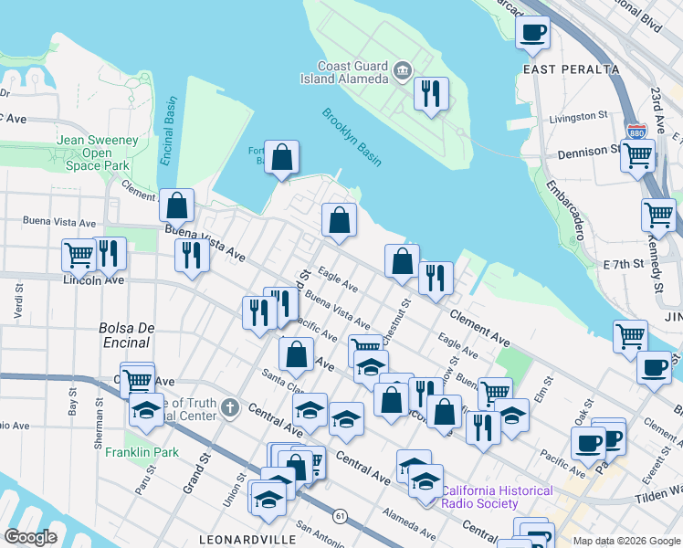 map of restaurants, bars, coffee shops, grocery stores, and more near 1805 Eagle Avenue in Alameda