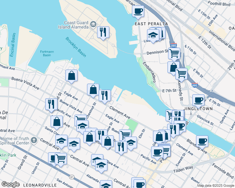 map of restaurants, bars, coffee shops, grocery stores, and more near 2388 Stanford Street in Alameda