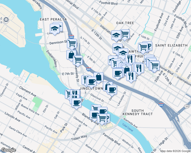map of restaurants, bars, coffee shops, grocery stores, and more near 2852 East 7th Street in Oakland
