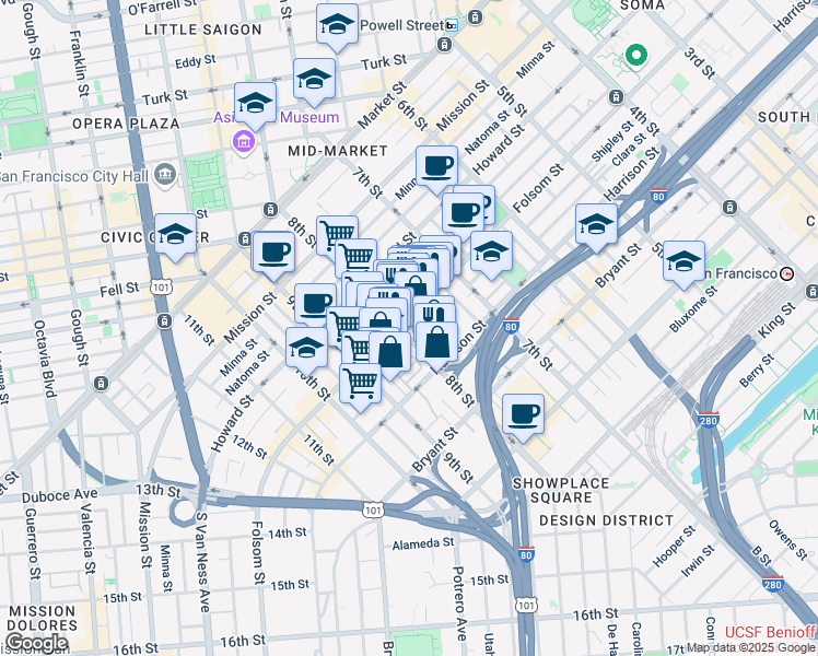 map of restaurants, bars, coffee shops, grocery stores, and more near 1210 Harrison Street in San Francisco