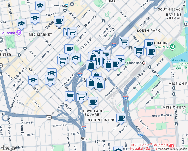 map of restaurants, bars, coffee shops, grocery stores, and more near 15 Boardman Place in San Francisco