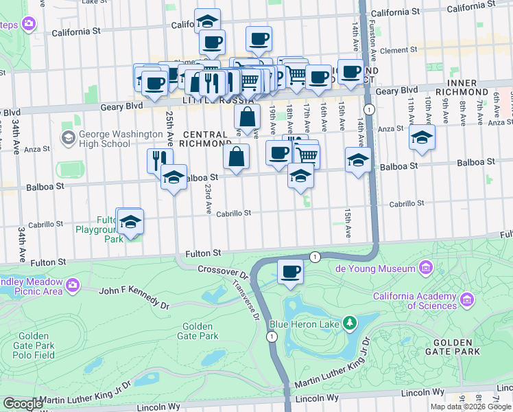 map of restaurants, bars, coffee shops, grocery stores, and more near 687 20th Avenue in San Francisco
