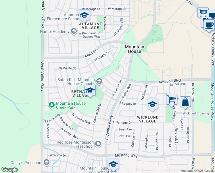 map of restaurants, bars, coffee shops, grocery stores, and more near 225 West Legacy Drive in Mountain House