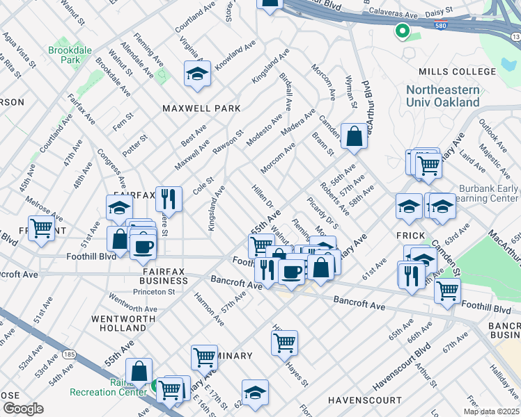 map of restaurants, bars, coffee shops, grocery stores, and more near in Oakland